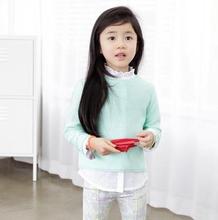 韩国童装2014秋新款淑女小清新简约卷边女童毛衣儿童针织衫套头