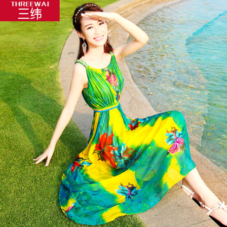 三纬2017新夏女沙滩裙桑蚕丝长裙修身显瘦波西米亚真丝印花连衣裙商品大图