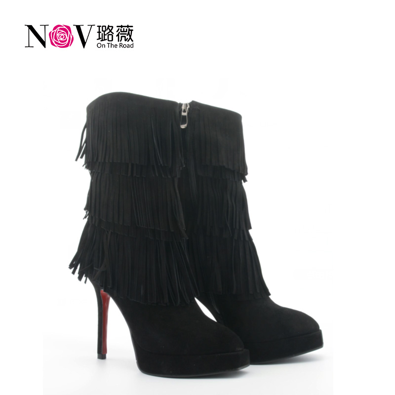 璐薇2016冬季新款高靴流苏靴厚底高跟尖头磨砂羊皮性感淑女长筒靴