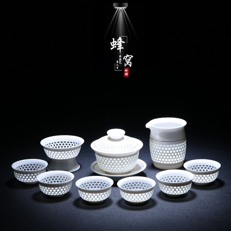 景德镇工艺青花瓷玲珑茶具套装蜂窝镂空陶瓷功夫茶具茶壶茶杯海