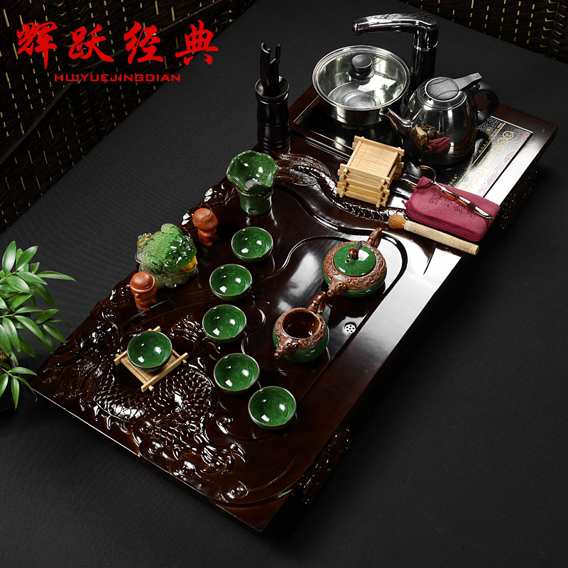 辉跃经典 汝窑茶具套装特价整套陶瓷青瓷冰裂功夫电磁炉实木茶盘