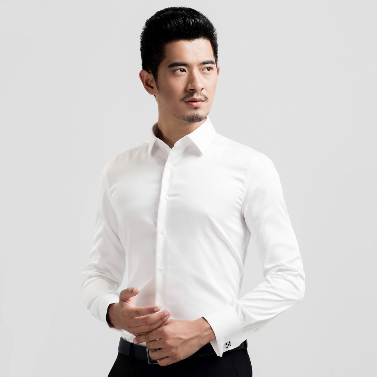 夏季男士衬衫长袖韩版修身法式袖扣英伦免烫结