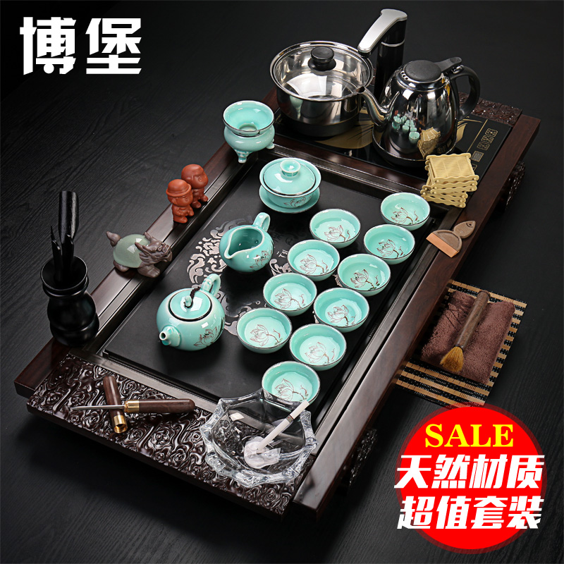 实木天然乌金石整套茶具套装茶盘汝窑青花瓷冰裂电磁炉功夫茶具杯