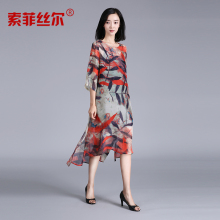索菲丝尔2017夏装新款真丝印花连衣裙显瘦时尚中长裙子图片
