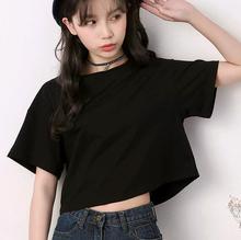 宽松露肚脐棉质圆领韩版 黑色夏上衣 露脐装 短袖 纯白色t恤女短款