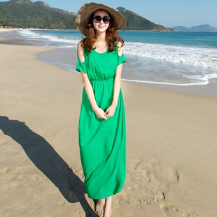 2015<em>女装</em>露肩气质夏季纯色海边度假雪纺波西