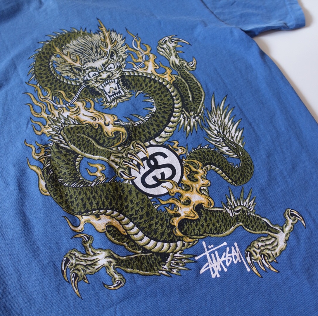 现货stussy fire dragon pig dyed tee 龙王 巡游 短袖水洗蓝t恤
