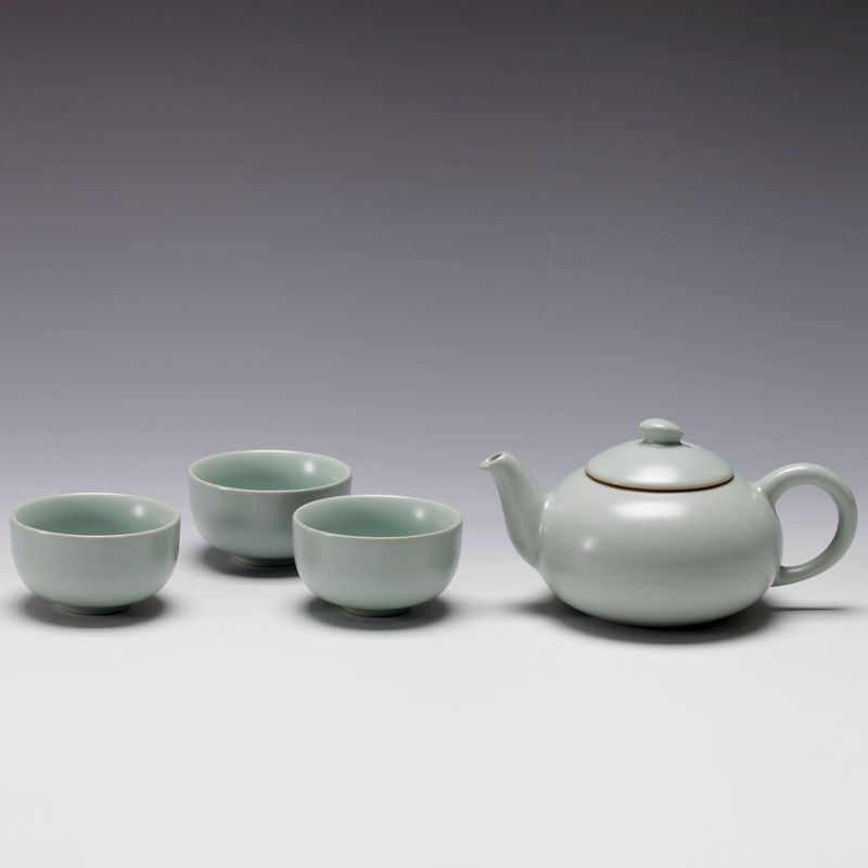 恒福茶具正品套装 东道汝窑天乐茶壶一壶三杯天青 功夫茶小葵壶盖