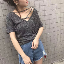 T恤女学 前后两穿上衣韩版 纯色交叉带露背短袖 熙3015 天天特价