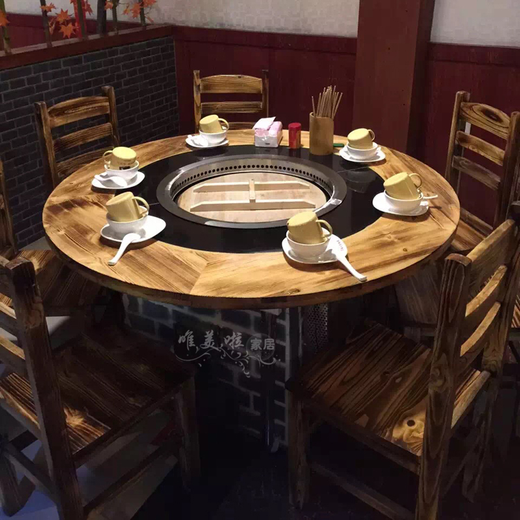 四代松木火锅桌五代柴火鸡桌大理石复古大锅台节能柴火灶圆桌方桌