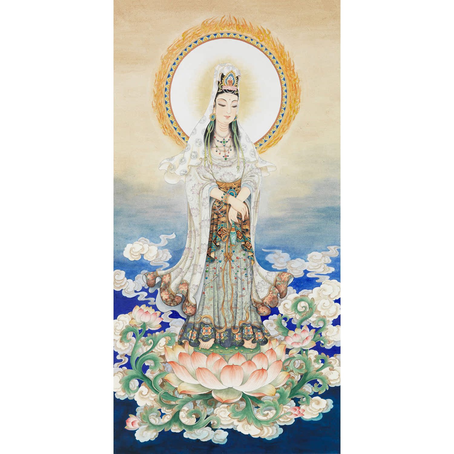 手绘真迹工笔佛像国画莲座观音菩萨画像玄关书房佛堂中式装饰画框