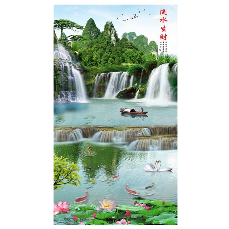 3立体竖版玄关壁画流水生财山水风景客厅过道背景墙纸