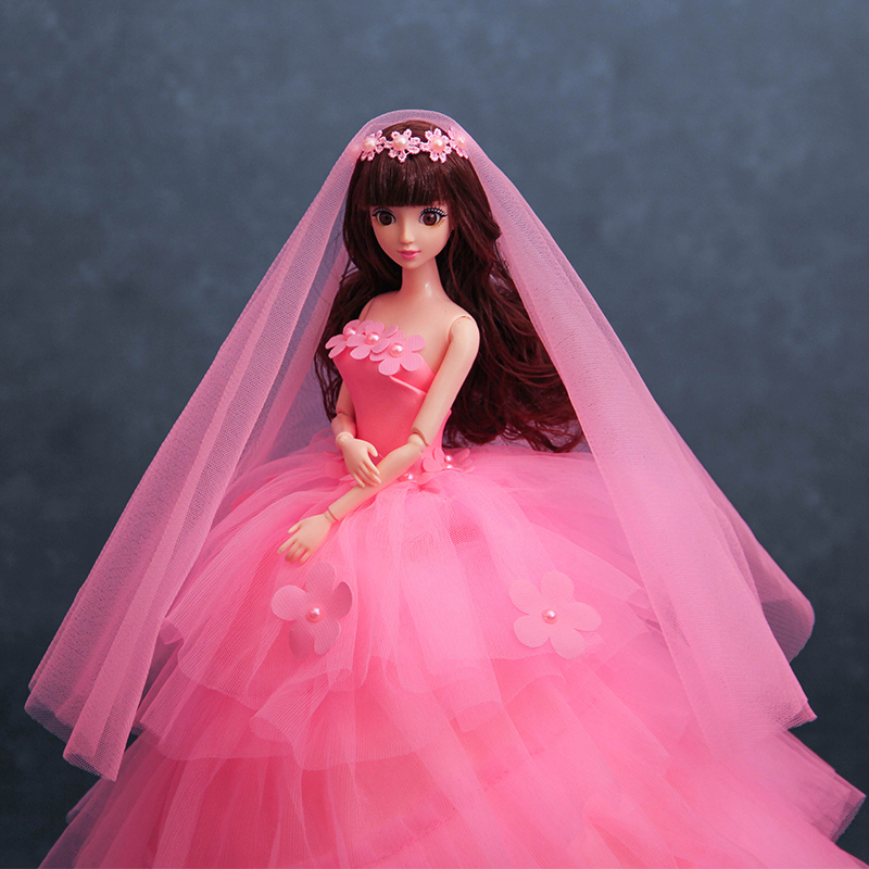 女孩生日礼物成人的芭比娃娃婚纱单个公主豪华80厘米超大拖尾粉色