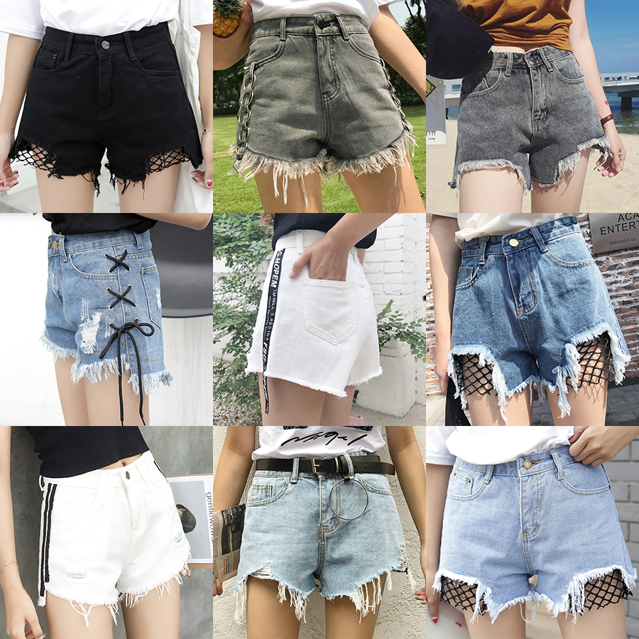 春夏新款女装不规则破洞渔网洞拼接高腰显瘦学生牛仔短裤热裤女