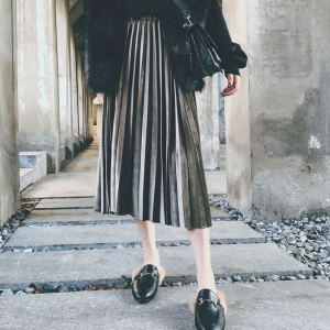 韩版丝绒百褶裙