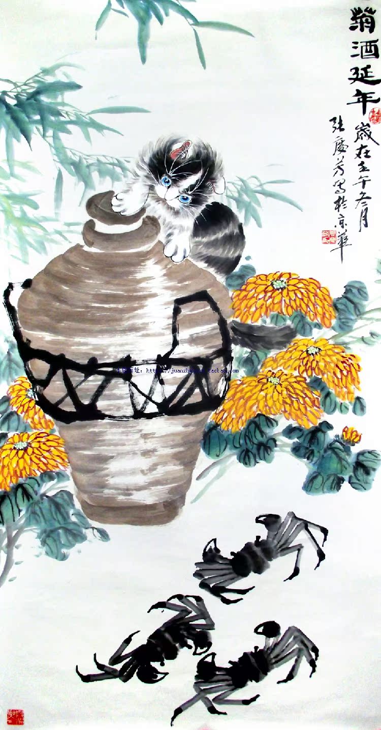 菊酒延年图挂画 菊花螃蟹国画 酒文化装饰画 丝绸卷轴
