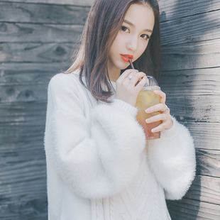 2017春季韩版女装新款圆领白色毛衣套头宽松百搭中长款学生外套女