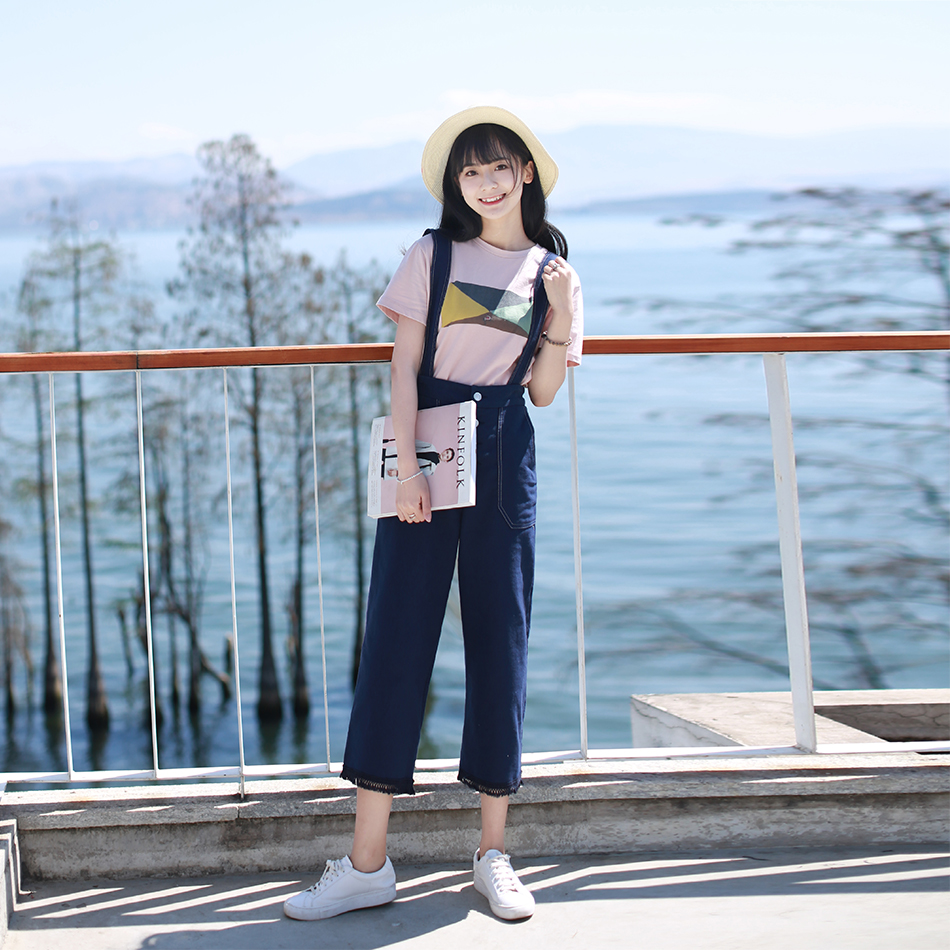 小镇姗姗 自如的溪流 休闲时尚小宽松高腰显瘦流苏牛仔背带裤