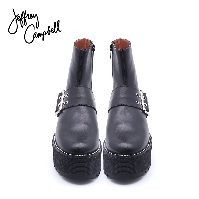 美国jeffrey campbell2017秋冬新款黑色厚底搭扣粗跟潮牌女鞋短靴