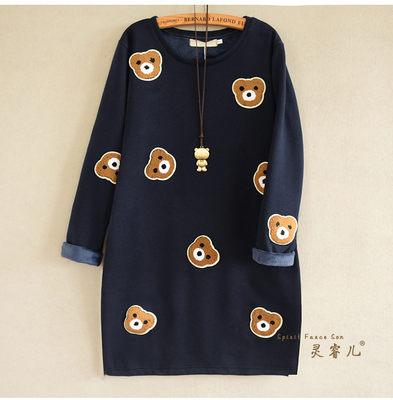 秋冬新款卡通印花宽松中长款加绒卫衣女圆领蕾