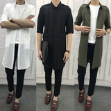 夏季短袖衬衫男修身韩版五分袖时尚休闲中袖风衣棉麻中长款衬衣潮