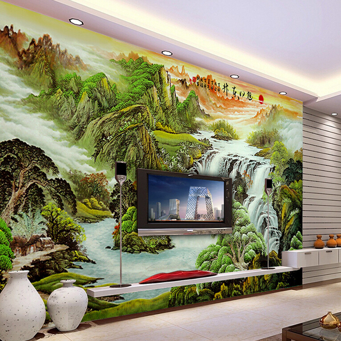 中式山水风水客厅电视背景墙纸壁纸旭日东升大型3d立体影视墙壁画