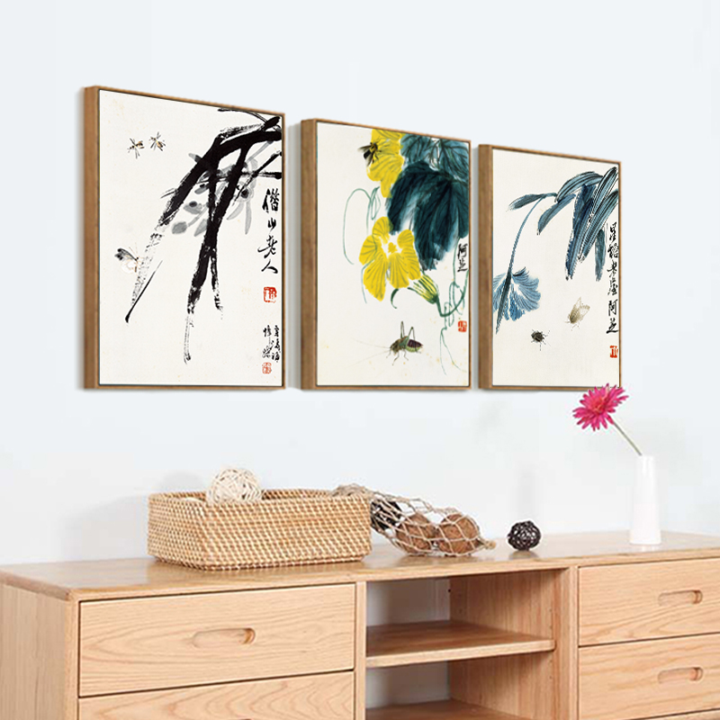 现代简约餐厅装饰画齐白石国画中式饭厅三联挂画客厅沙发背景墙画