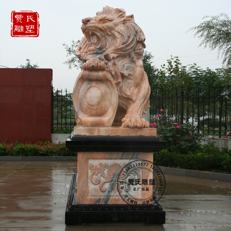 欧式石狮子一对看门镇宅现代晚霞红天然大理石狮公司大门摆件定制