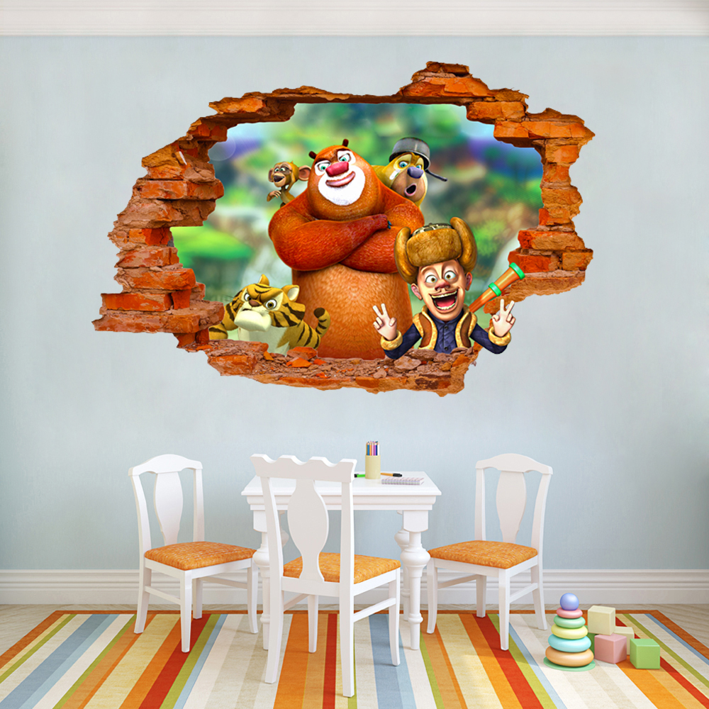 3d立体视觉熊出没光头强客厅墙贴儿童房壁纸动物旅行箱贴纸装饰画