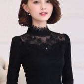 加绒加厚上衣短款 女2017秋冬新款 T恤保暖打底衫 女士长袖 蕾丝衫