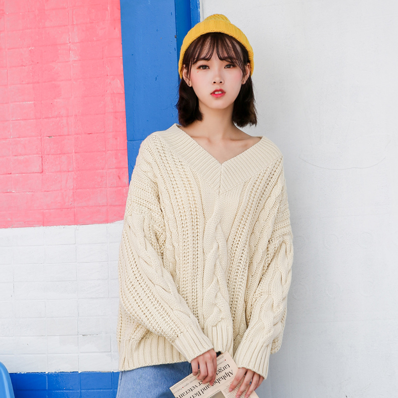 V领套头麻花毛衣女2017秋冬新款韩版宽松短款秋季女装粗线针织衫