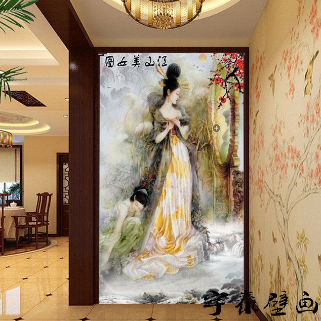 3d大型壁画壁纸客厅沙发背景墙纸玄关走廊中式古典美女人物壁画