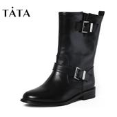 他她冬牛皮通勤风皮带扣套筒中靴女皮靴FG260DZ6 Tata 清仓
