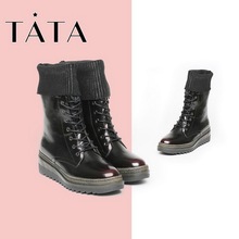 TATA他她冬季牛皮拼接毛线绑带擦色休闲坡跟女中靴2U404DS6