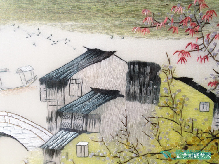 苏绣成品客厅画书房挂画写意风景画江南水乡画秋景小桥画客厅挂画