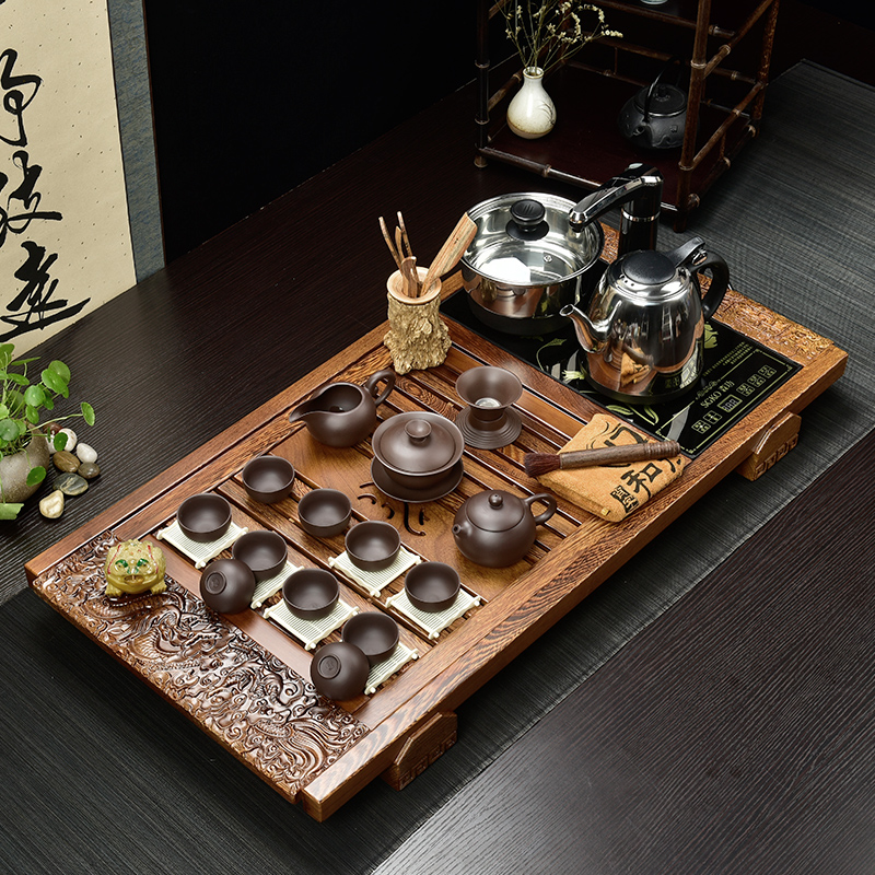 茶具功夫茶盘整套装紫砂汝窑黑檀实木茶盘四合一电磁炉茶具套装