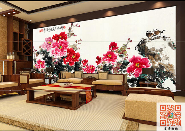 国色天香国画牡丹花电视背景墙办公室客厅无纺布墙纸j016壁纸壁画