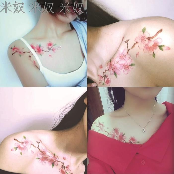 原创纹身贴纸 防水 女 持久 花 樱花 锁骨 彩色梅花 花藤 美翻了
