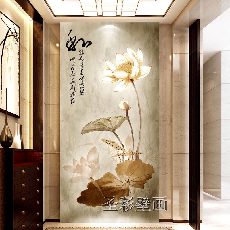 新中式素雅荷花玄关背景墙 走廊隔断过道壁纸壁画壁布 客厅画竖版