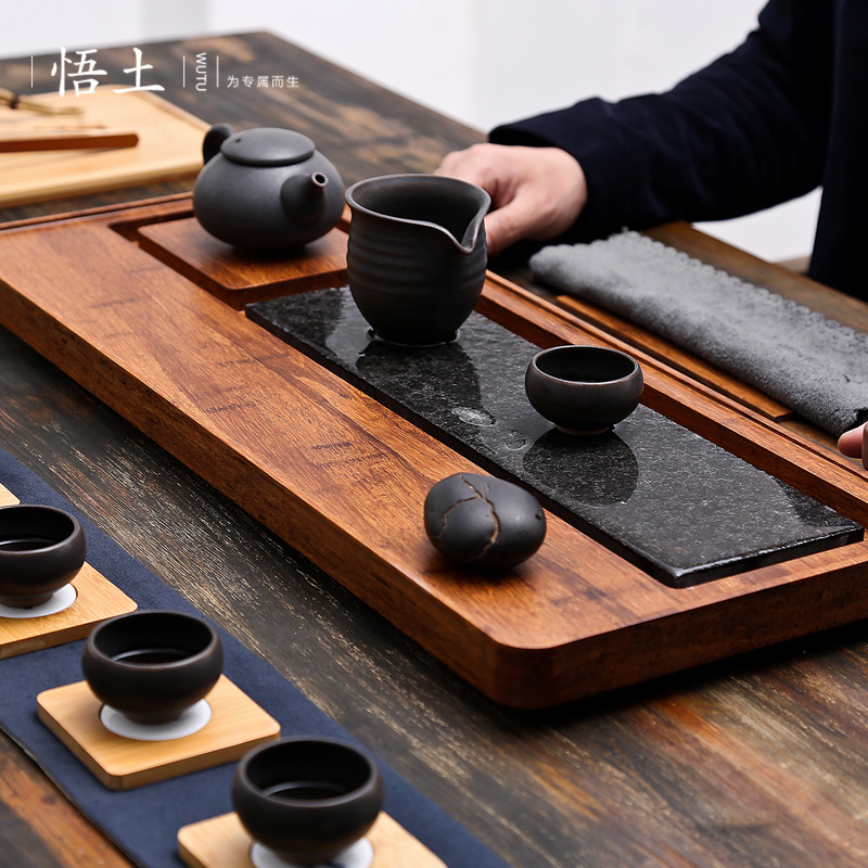 乌金石茶盘排水简约功夫茶具重竹实木茶盘竹制茶台茶托茶海整块