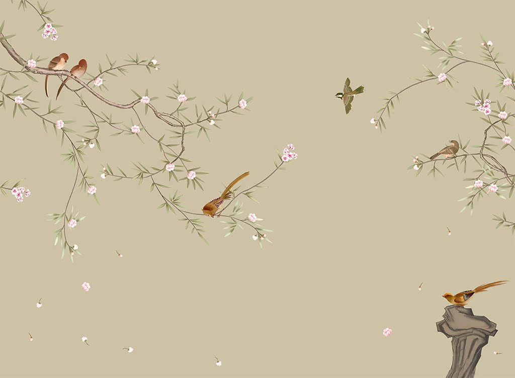 大型定制壁画背电视景墙现代新中式 手绘梅花花鸟无缝墙布无纺布