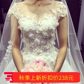 2017新款 长拖尾婚纱礼服新娘结婚一字肩婚纱孕妇齐地蕾丝公主 韩版
