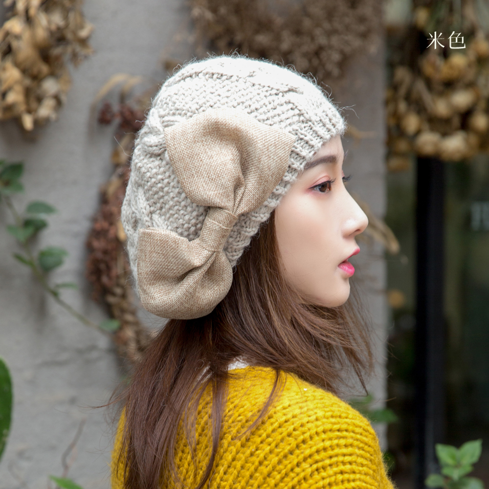 原创蝴蝶结蓓蕾帽毛线帽女秋冬季韩国可爱保暖手工针织帽子贝雷帽