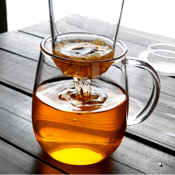 手工耐热玻璃茶水杯茶具办公沏泡花茶三件杯透明过滤带盖加厚包邮