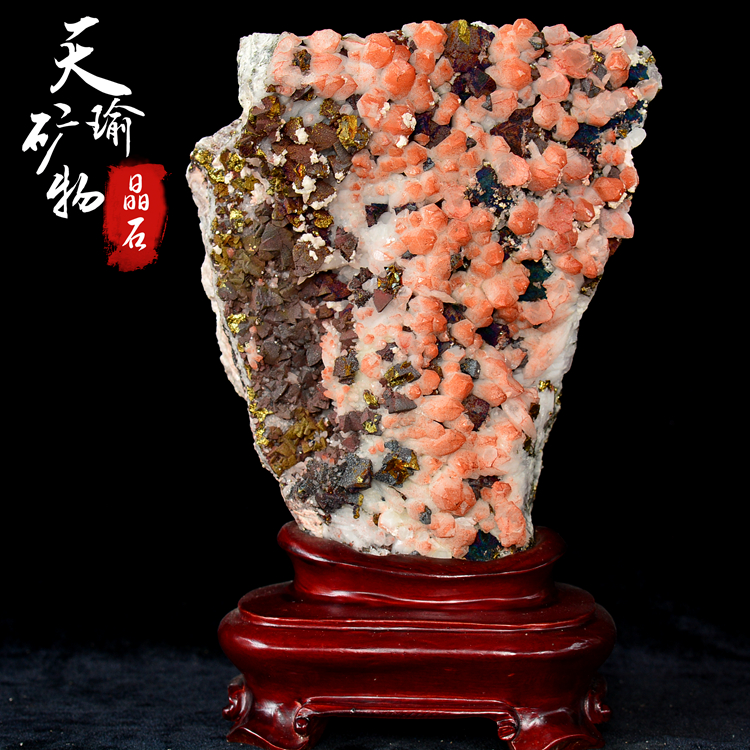 蒙皮红水晶黄铜矿共生石水晶原石矿物晶体教学矿石标本奇石摆件新