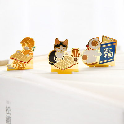 日本 猫の家族读书猫咪可爱铁质书签礼物镂空金属页夹