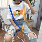 印花圆领半袖 学生上衣 T恤衫 套头卫衣女原宿BF风港味个性 飘带短袖