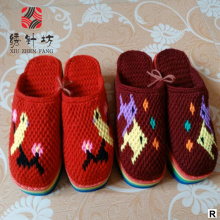 纯手工毛线拖鞋 正品 拼色低跟罗马风格 冬季毛线流苏绣花花朵缝制鞋