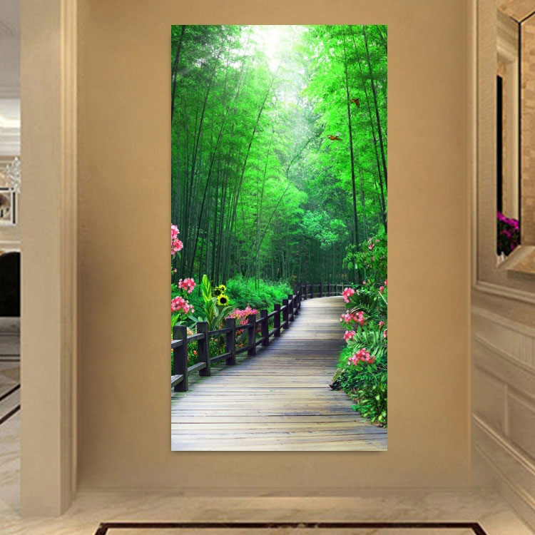 现代简约玄关走廊过道装饰画楼梯挂画竖版单幅绿色树林风景无框画