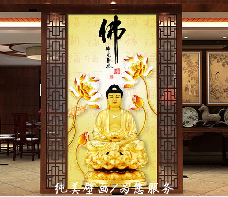 如来佛祖打坐玄关背景墙菩提树走廊门厅过道墙纸壁画佛教壁纸